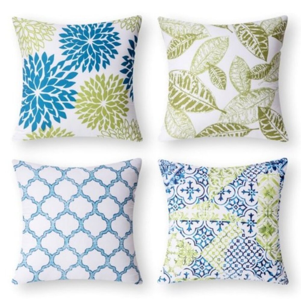 Phantoscope Decorative Pillow Covers | Set of 4 | 18"x18" | Blue & Green Leaf